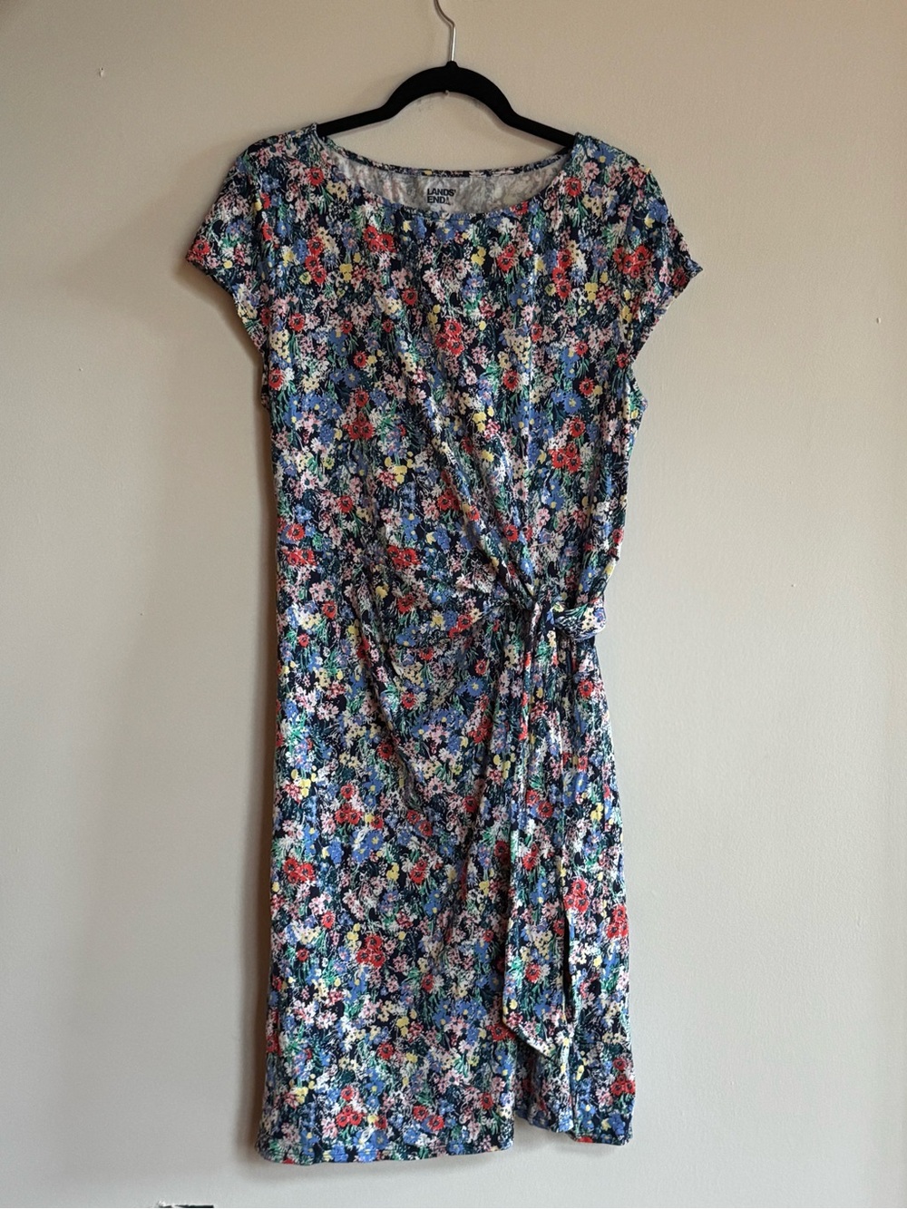 Lands’ End Floral Wrap Dress Cotton Modal Tie Waist Size Large